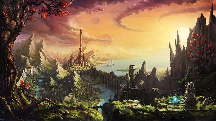 castle surrounded with trees 3D wallpaper, digital art, fantasy art