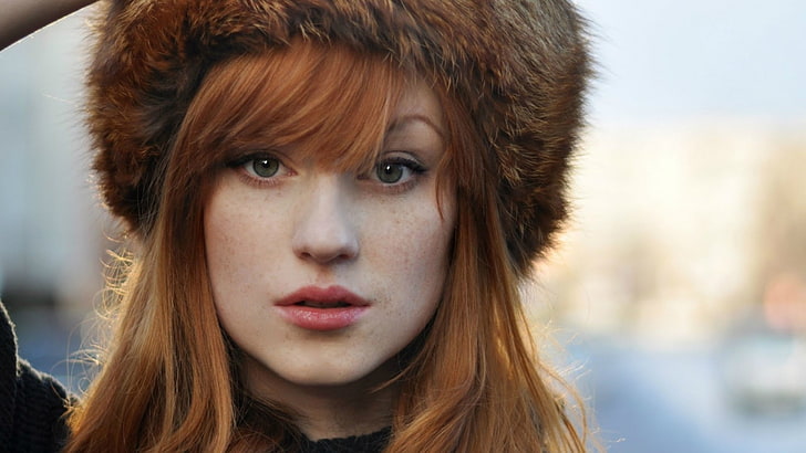 women, redhead, fluffy hat, freckles, Alina Kovalenko, green eyes, HD wallpaper