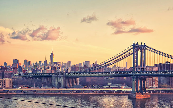 Manhattan Bridge, New York City, gray concrete suspension bridge, HD wallpaper