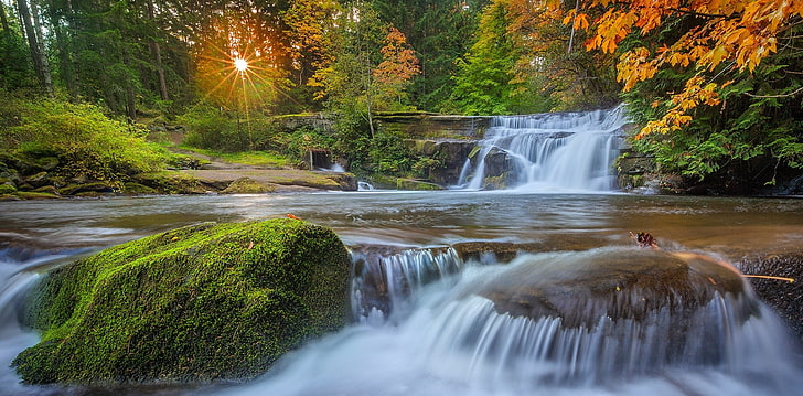 water falls, nature, landscape, waterfall, moss, forest, sunset, HD wallpaper