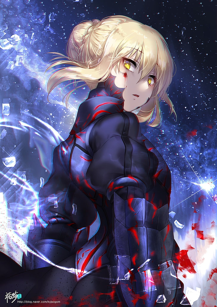 armor, blood, Fate/Stay Night, Saber Alter, illuminated, one person