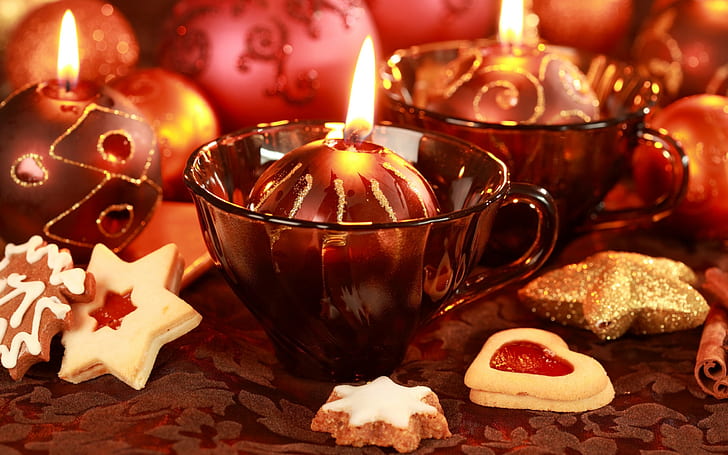 Christmas, New Year, candles, cookies, Christmas ornaments, HD wallpaper