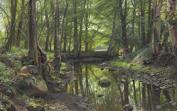 Danish painter, 1925, Forest stream, Peter Merk Of Menstad, HD wallpaper