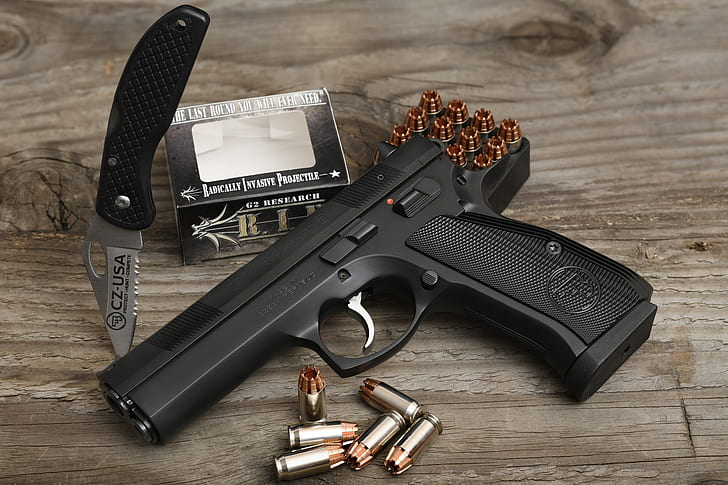 gun, knife, cartridges, CZ 97B, HD wallpaper