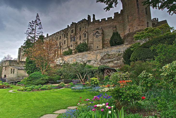the sky, clouds, trees, flowers, Park, castle, the bushes, England