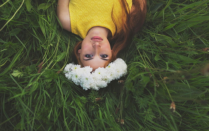 Wonderful picture, beautiful girl, flowers, wreath, grass, HD wallpaper
