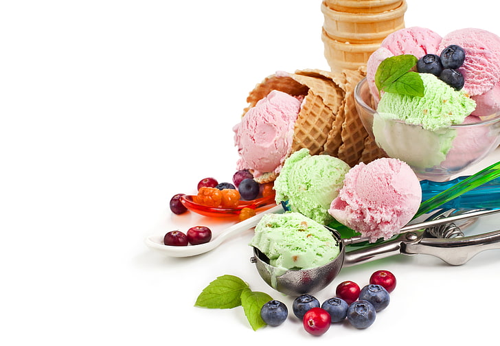 bunch of flavored ice creams, berries, blueberries, dessert, waffles