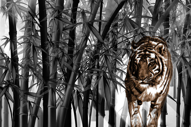 tiger, big cats, bamboo, art and craft, representation, sculpture, HD wallpaper