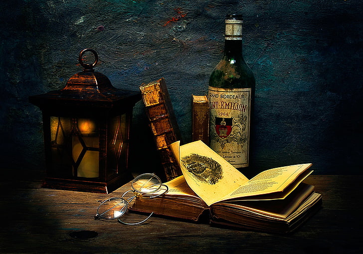 books, alcohol, glasses, publication, wood - material, table
