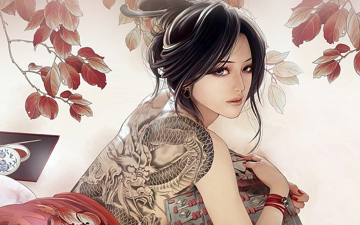 anime, tatoo, girl, illustration, one person, young women, young adult