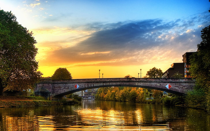 Germany, bridge, river, sunset, water, architecture, bridge - man made structure, HD wallpaper