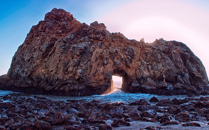Pfeiffer Beach, California, USA, rocks, arch, sun rays, brown arch rock formation, HD wallpaper