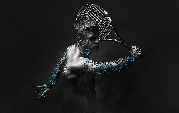 painting of tennis player, tennis rackets, selective coloring