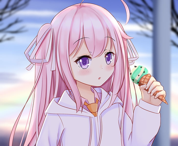 Anime, Original, Eating, Girl, Ice Cream, Long Hair, Pink Hair, HD wallpaper