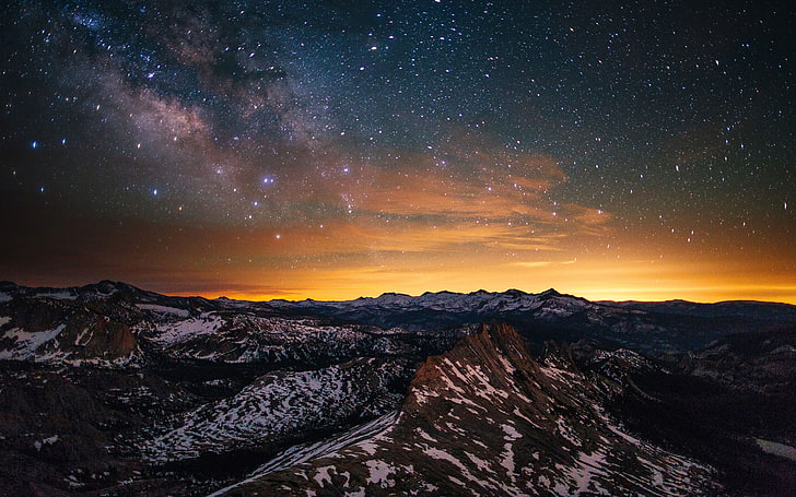 Yosemite Snow Mountains Stars Sky 4K HD Desktop, nature photography of mountains under starry night