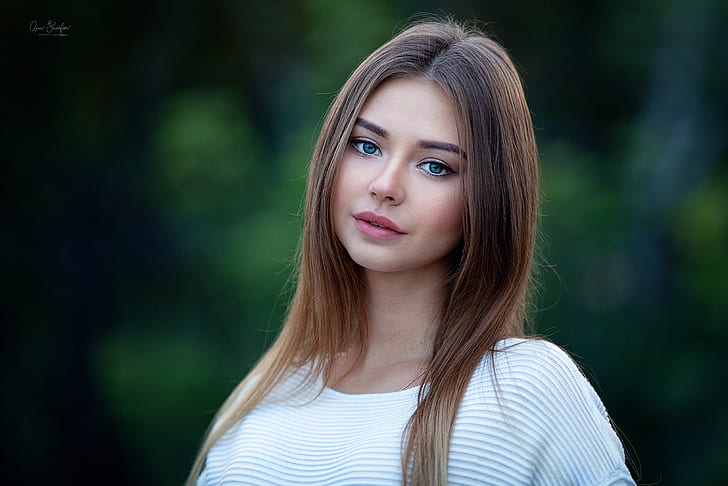 Polina Kostyuk, women, model, brunette, blue eyes, looking at viewer, HD wallpaper