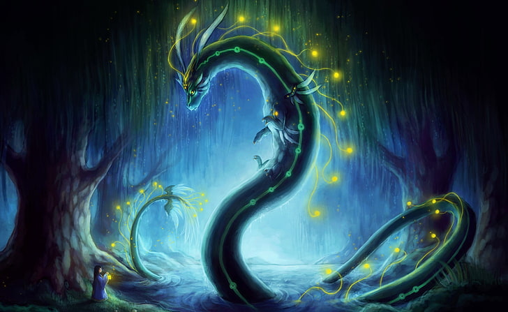 Blue Dragon, green dragon wallpaper, Artistic, Fantasy, water, HD wallpaper