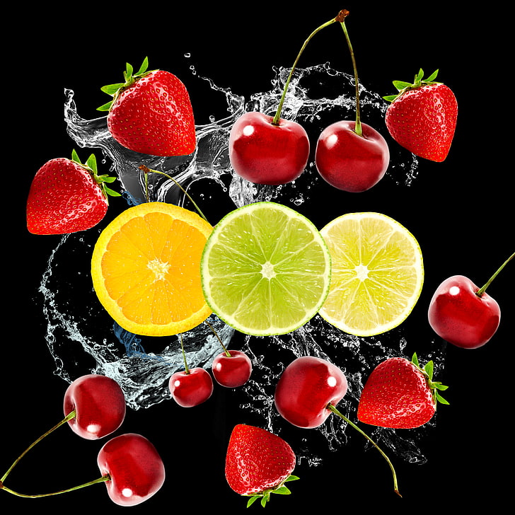cherry and strawberry fruits, water, berries, citrus, black background