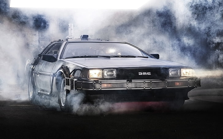 gray Dmc Delorean coupe, background, lights, smoke, The DeLorean