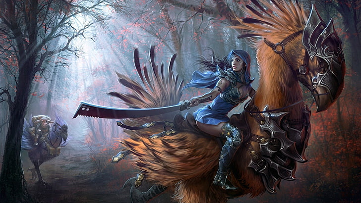 woman riding on back of bird anime character illustration, Final Fantasy