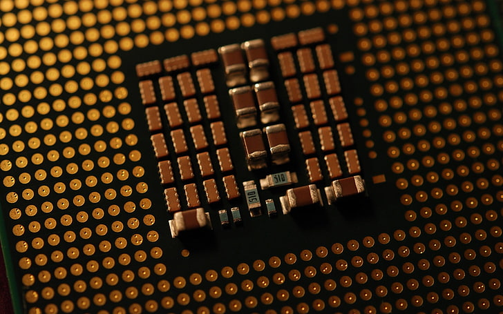 brown computer processor, technology, Hi-Tech, circuits, capacitors, HD wallpaper