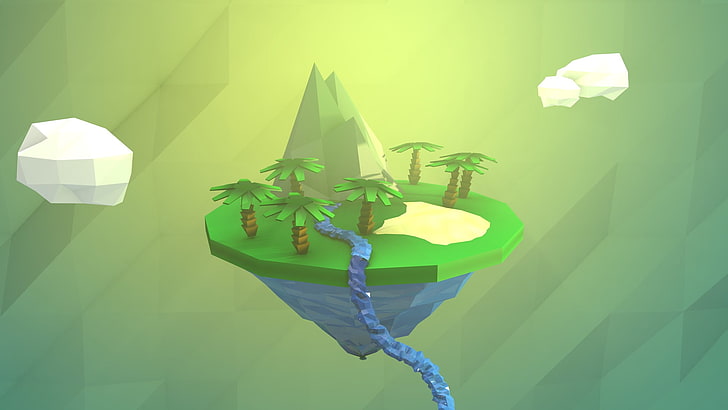island on sky wallpaper, low poly, nature, digital art, green color