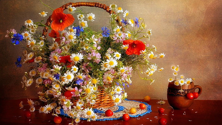 floral composition, painting, art, basket, flower basket, wildflowers, HD wallpaper