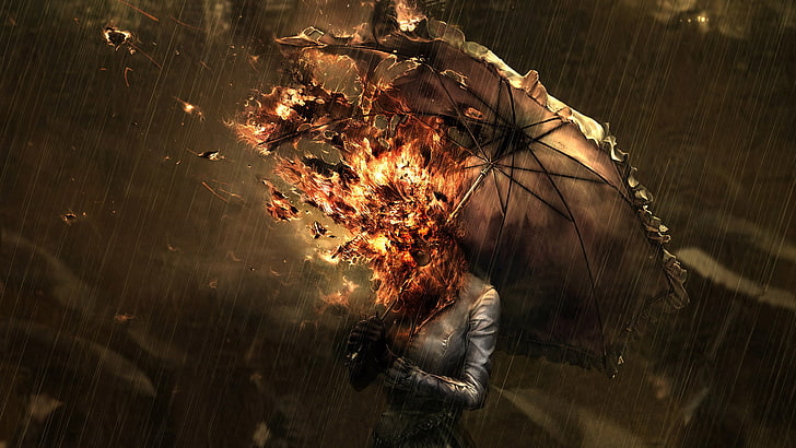 gray umbrella, digital art, fire, rain, dark, women, spontaneous combustion