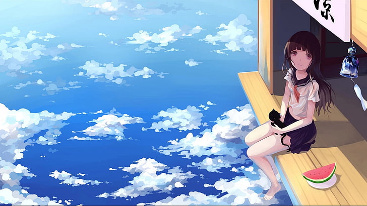 black haired female anime character wallpaper, the sky, cat, girl, HD wallpaper