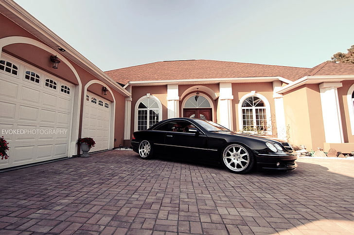 black Mercedes-Benz E-class coupe, Windows, garage, mansion, Mercedes Benz