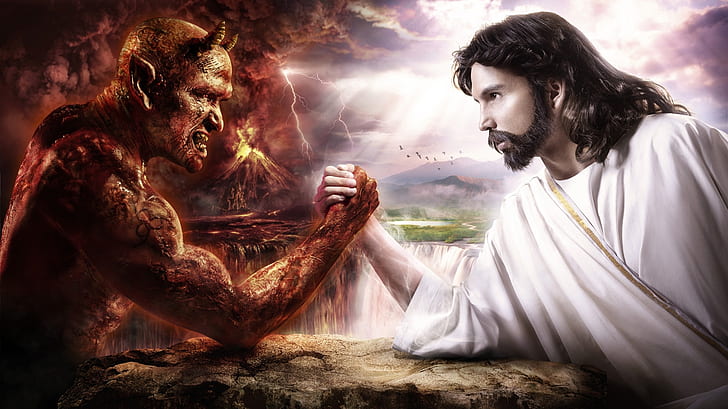 devil arm fantasy art jesus christ chuck norris satan heaven and hell 1366x768  Abstract Fantasy HD Art, HD wallpaper