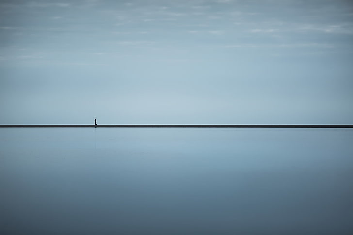 horizon, minimalism, simple background, walking, water, tranquil scene