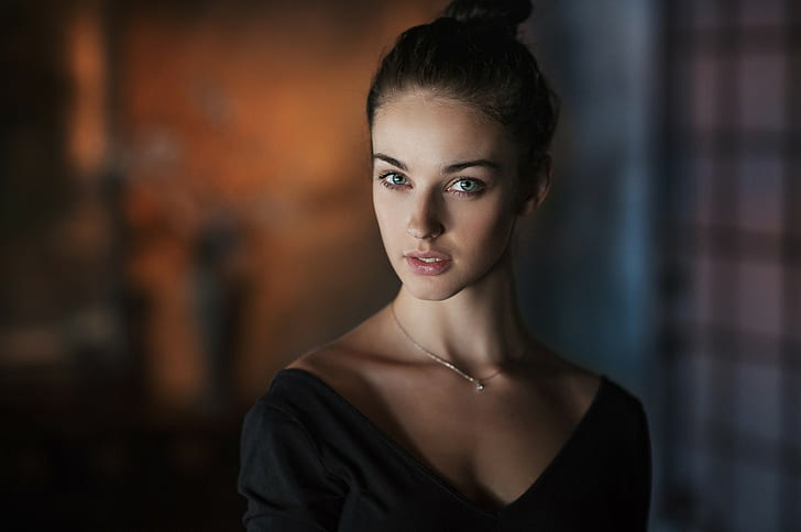face, Alla Berger, blue eyes, cleavage, portrait, black clothing