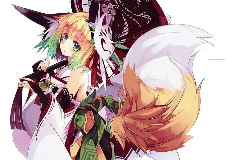 anime, anime girls, fox girl, kitsunemimi, costume, white background, HD wallpaper