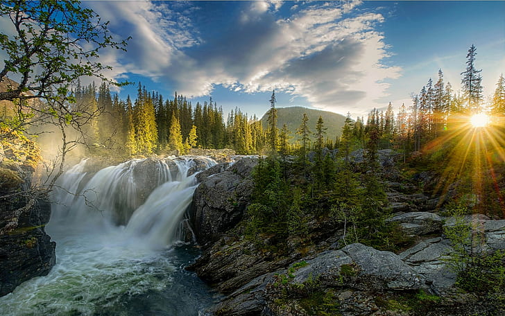 Waterfall, Sunset, River, Forest, Nature, Landscape, Sun Rays, Mist, Hill, Rock, Pine Trees