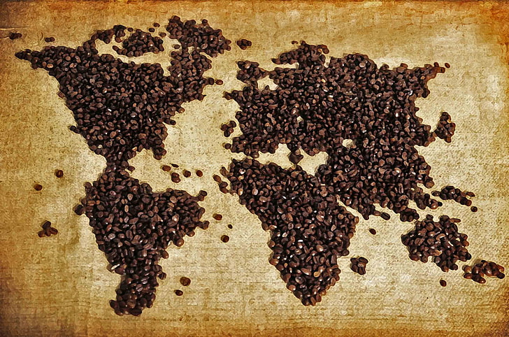 black and white floral area rug, coffee, map, brown, world map
