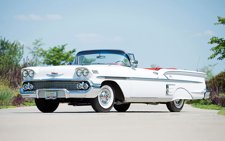 classic white convertible coupe, chevrolet, bel air, impala, 1958, HD wallpaper