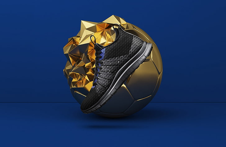 Nike Sports Shoes, Cool Golden Ball, Blue..., Football, Soccer, HD wallpaper