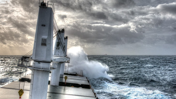white and brown ship, HDR, sea, storm, water, sky, motion, wave, HD wallpaper