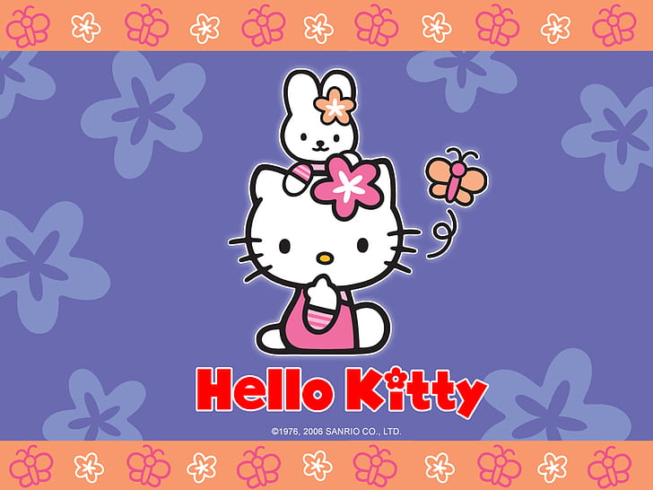 Hello Kitty, Cartoon, Pink, Cat, Butterfly, HD wallpaper