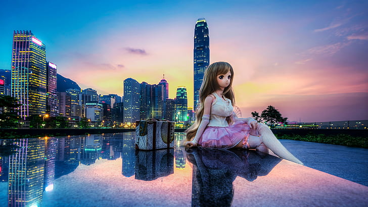 Hong Kong, China, city, buildings, toy, doll, beautiful girl, HD wallpaper