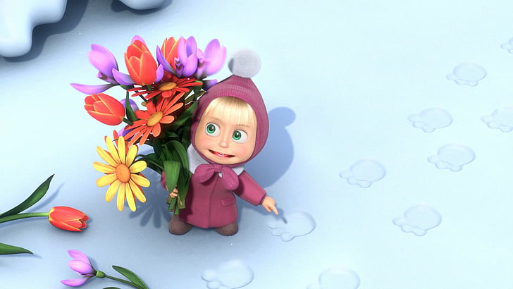 bear, flowers, footprints, mary, masha, snow