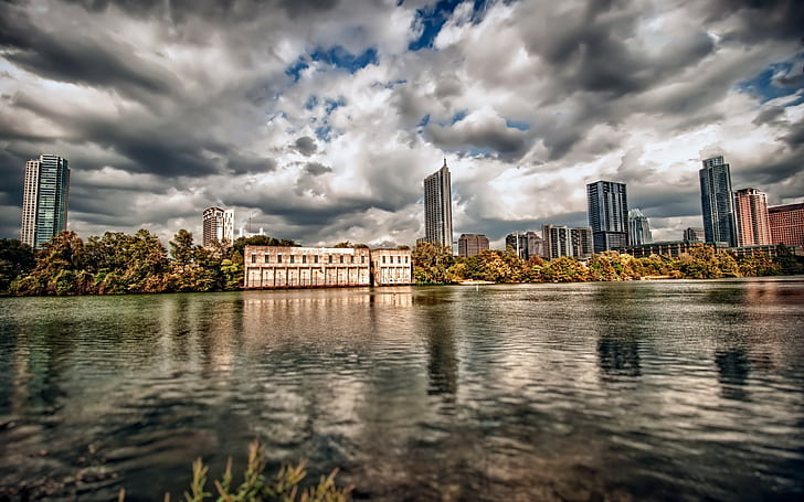 cityscape, HDR, building, water, clouds, sky, Austin (Texas), HD wallpaper