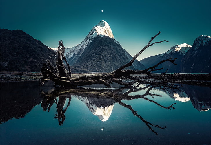 driftwood, Trey Ratcliff, landscape, mountains, Moon, reflection, HD wallpaper