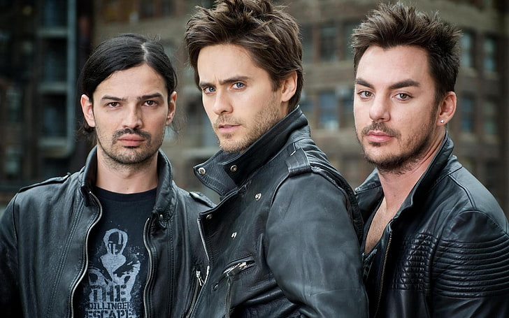 men's black leather jacket, 30 seconds to mars, band, members, HD wallpaper