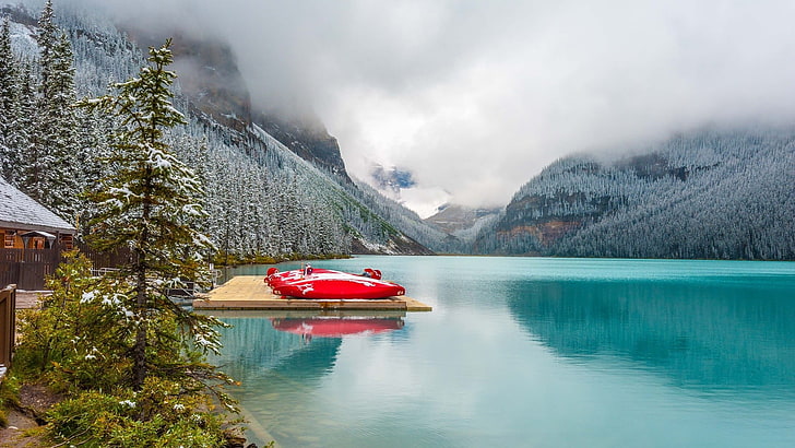 red and white boat with trailer, landscape, lake, mountains, forest
