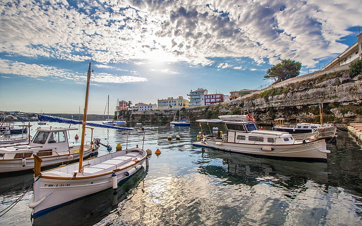 Menorca, boats, dock, houses, sea, clouds, Spain