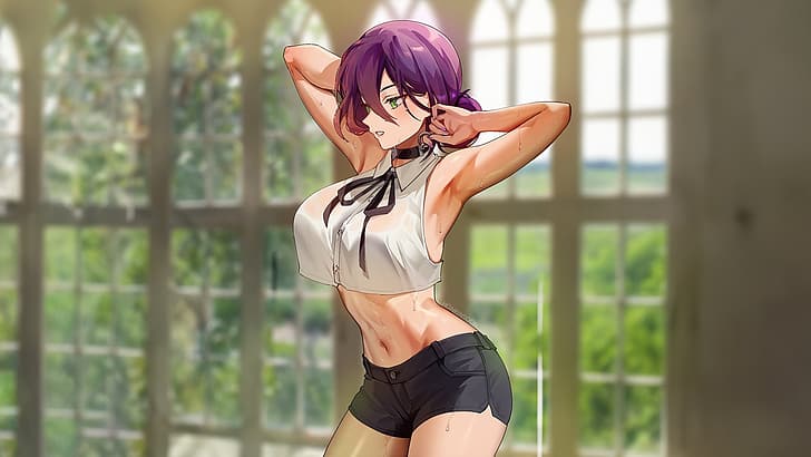 anime girls, Reze (Chainsaw Man), shorts, wet body, purple hair