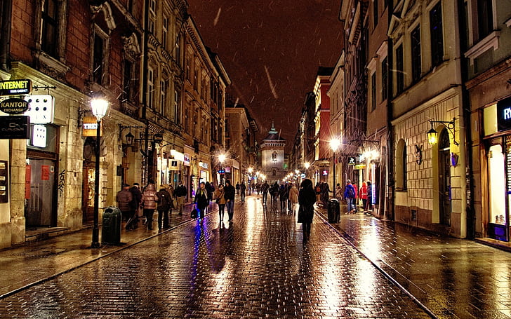 Poland, Krakow, city street, people, shops, lights, night, HD wallpaper