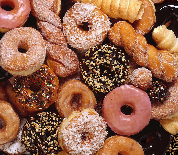 assorted-flavored doughnuts, biscuits, cakes, powder, background